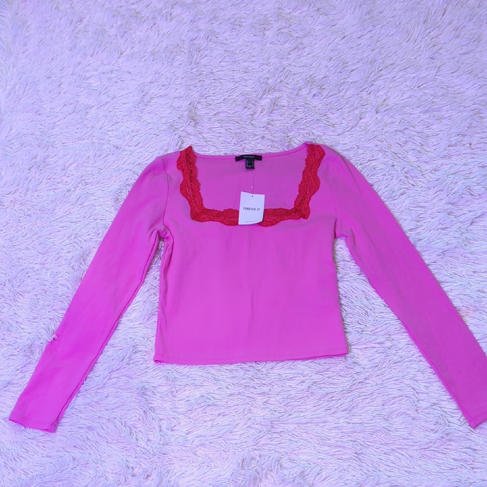Forever 21 Pink with Red Lace Trim Top Size  Large